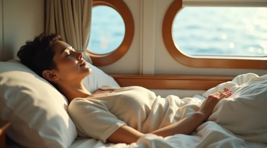 Una persona riposa serenamente in una cabina di traghetto ben illuminata con vista sul mare
