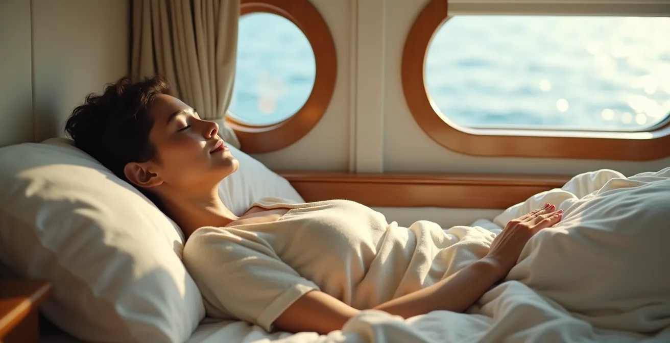 Una persona riposa serenamente in una cabina di traghetto ben illuminata con vista sul mare