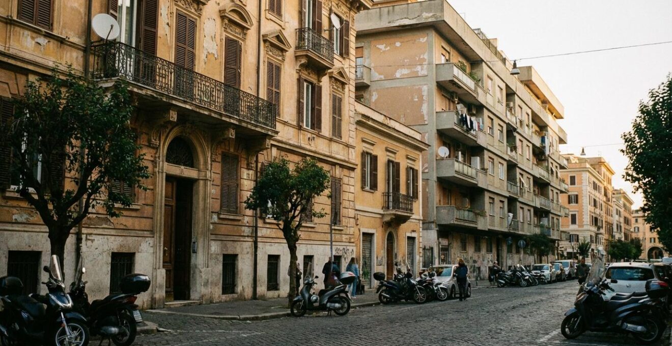 Contrasto architettonico tra edifici romani di epoche diverse