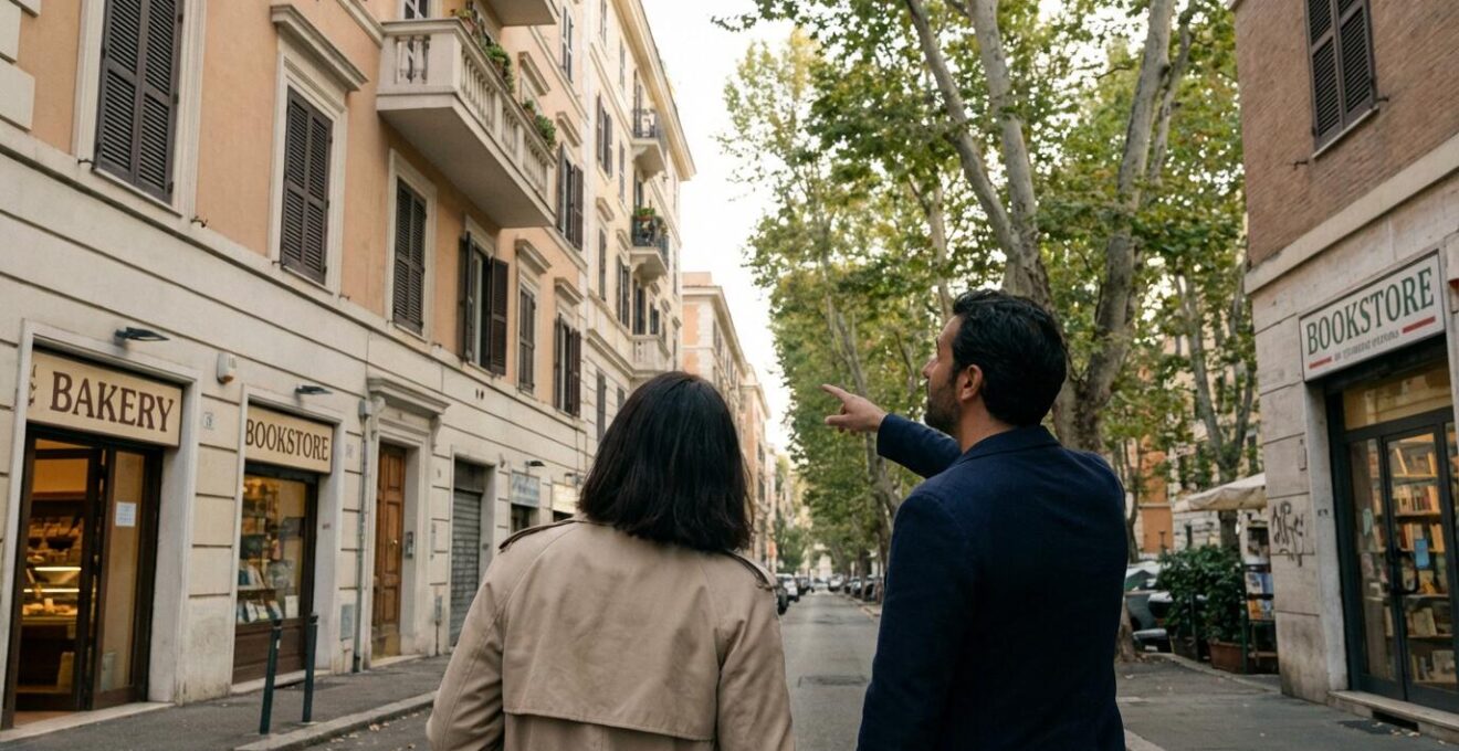 Coppia italiana che valuta edifici residenziali in un quartiere romano