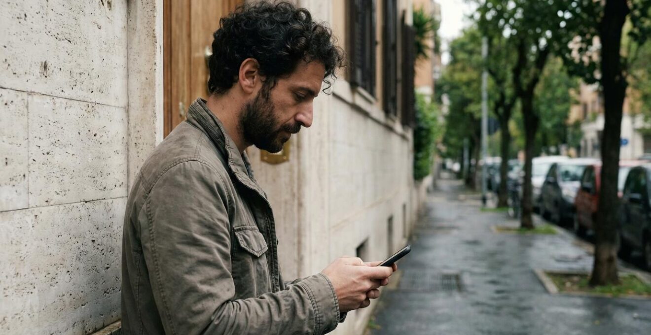 Giovane professionista italiano consulta smartphone davanti a un portone romano